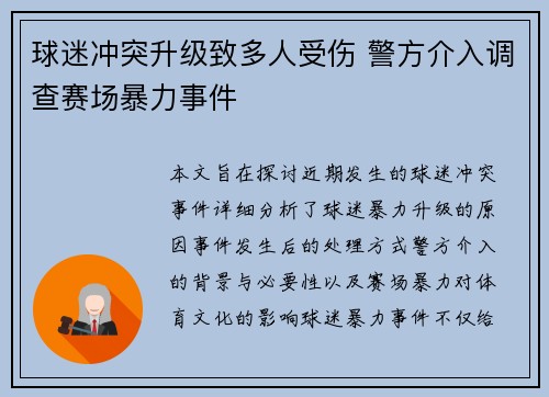 球迷冲突升级致多人受伤 警方介入调查赛场暴力事件